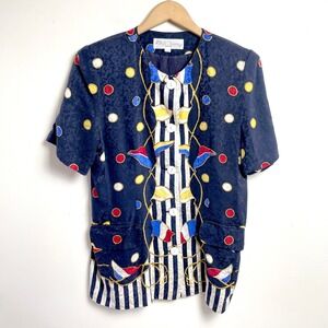 Vintage Silk Nautical Blouse Sz Small Polka Dot Stripe Flag Coastal Preppy‎